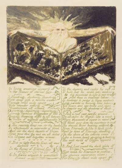 「生きている創造物が現れます...」、プレート1、「The First Book of Urizen」、1794（カラープリントレリーフエッチング、トイレ付き） 作： William Blake